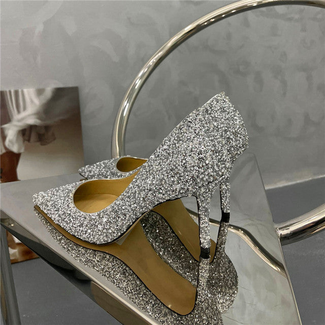 グリッターインレイパールデザインレディースパーティーハイヒール