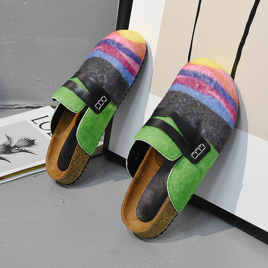 Suede Thick-soled Sandals Muller Shoes Rainbow Flat