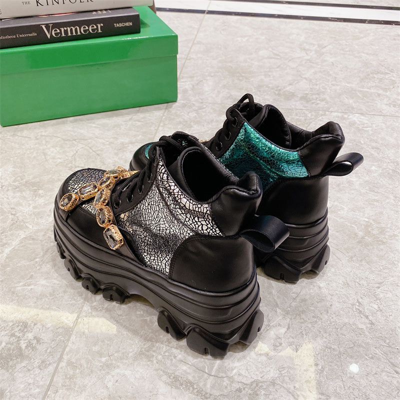 Round Head Rhinestone Metal Chain Platform Shoes Sneakers