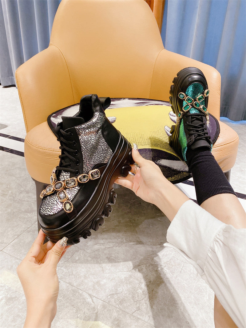Round Head Rhinestone Metal Chain Platform Shoes Sneakers