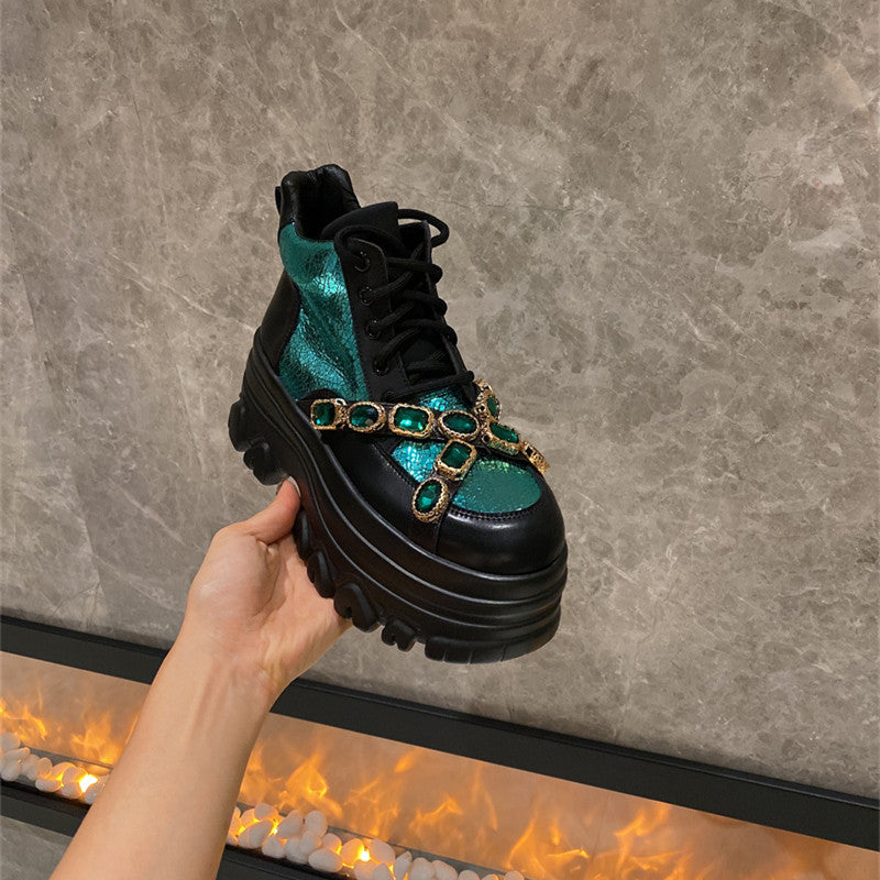 Round Head Rhinestone Metal Chain Platform Shoes Sneakers