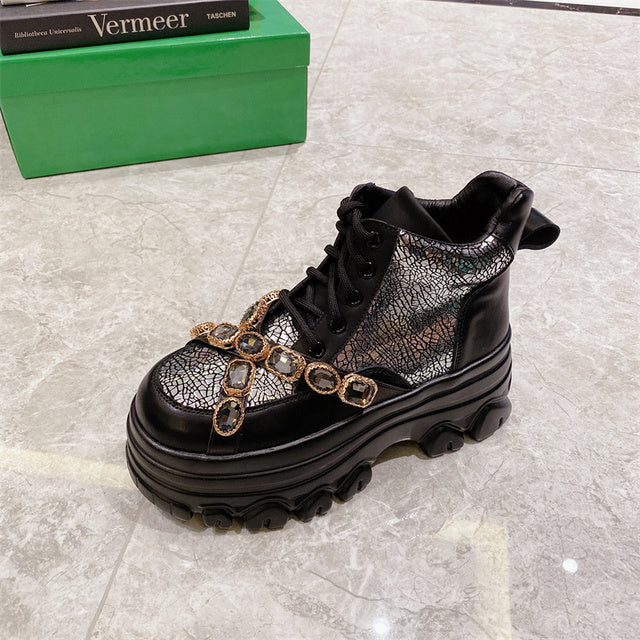 Round Head Rhinestone Metal Chain Platform Shoes Sneakers