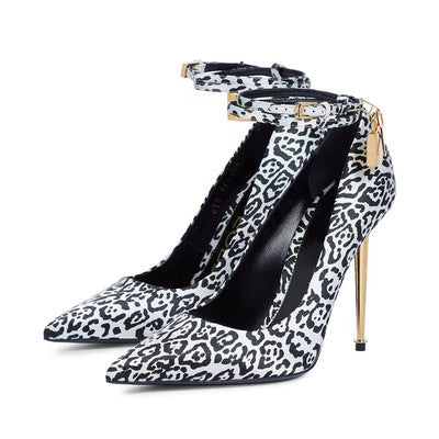 Pointed Metal Lock Buckle Single Shoe Leopard Print