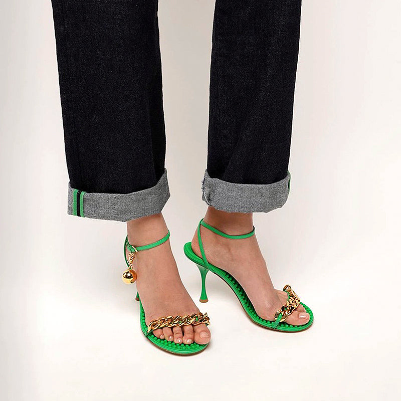 オープントゥ 牛革スティレットサンダル チェーン アンクルストラップ