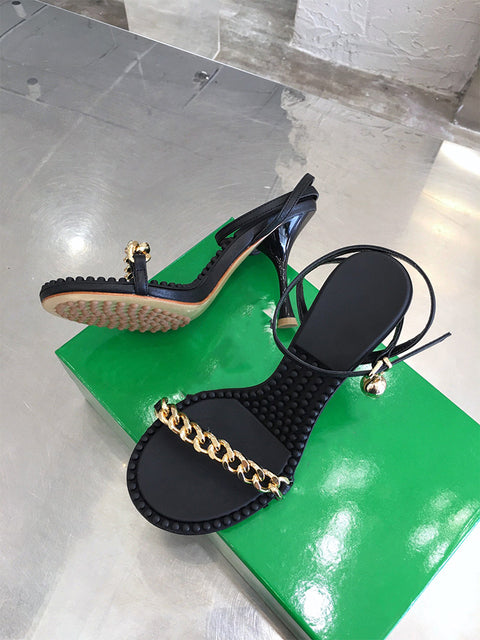 オープントゥ 牛革スティレットサンダル チェーン アンクルストラップ