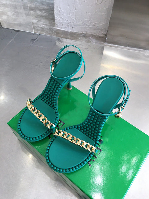 オープントゥ 牛革スティレットサンダル チェーン アンクルストラップ