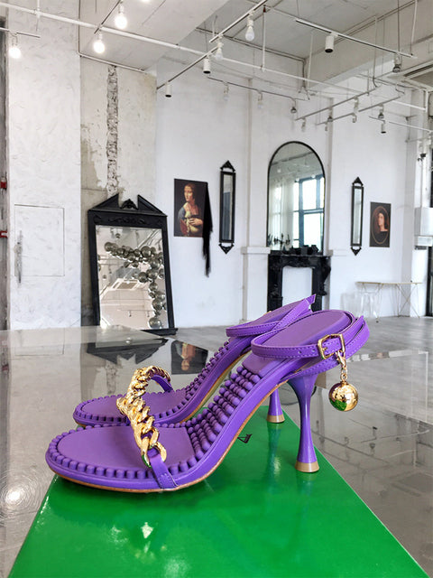 オープントゥ 牛革スティレットサンダル チェーン アンクルストラップ