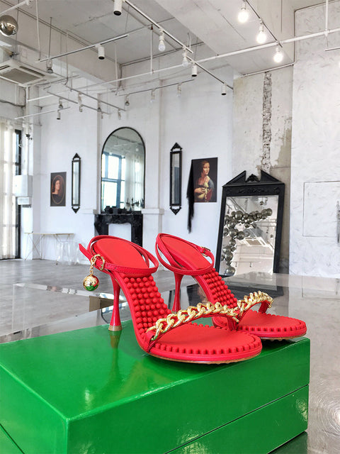 オープントゥ 牛革スティレットサンダル チェーン アンクルストラップ