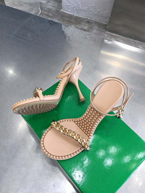 オープントゥ 牛革スティレットサンダル チェーン アンクルストラップ