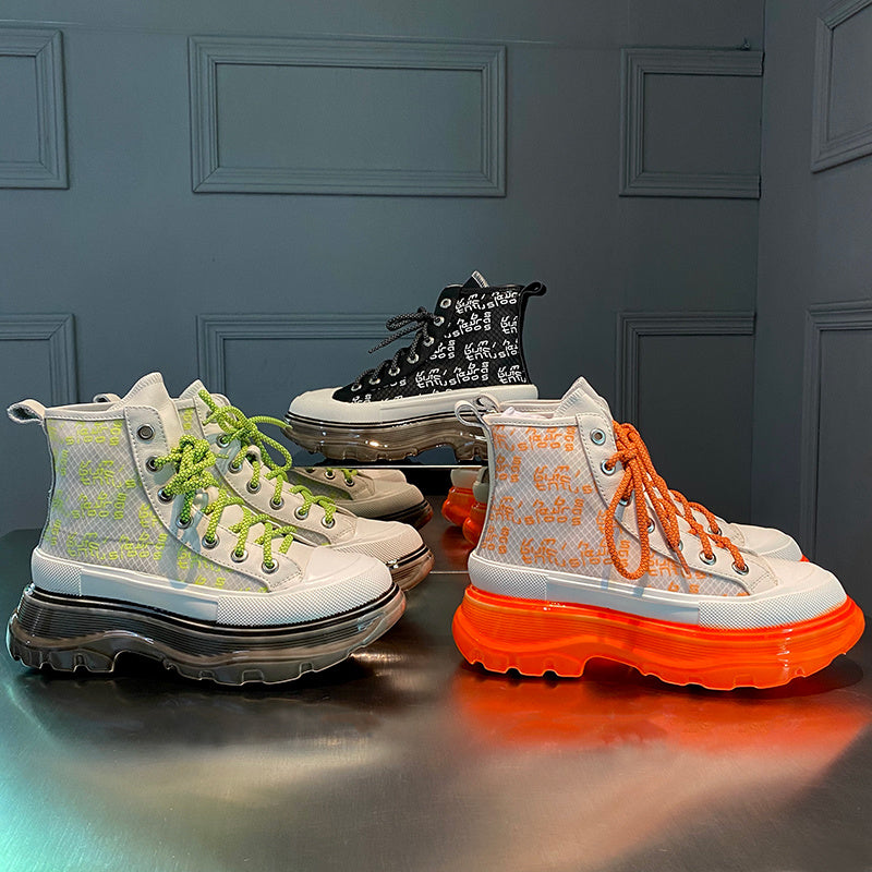 Cowhide Mesh Printed Lace High-top Platform Shoes