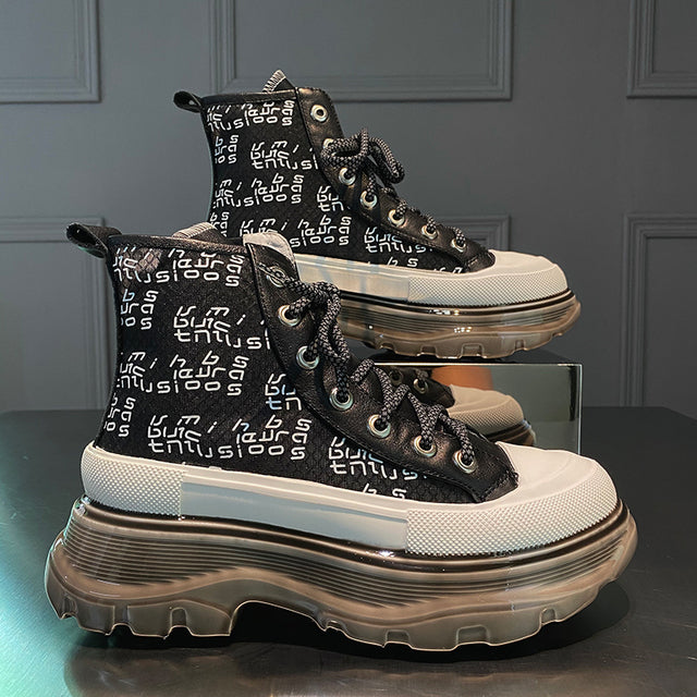 Cowhide Mesh Printed Lace High-top Platform Shoes