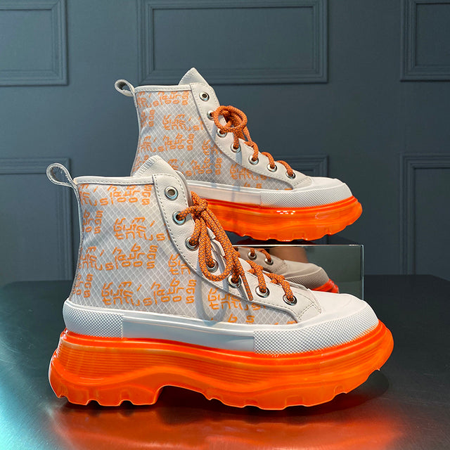 Cowhide Mesh Printed Lace High-top Platform Shoes