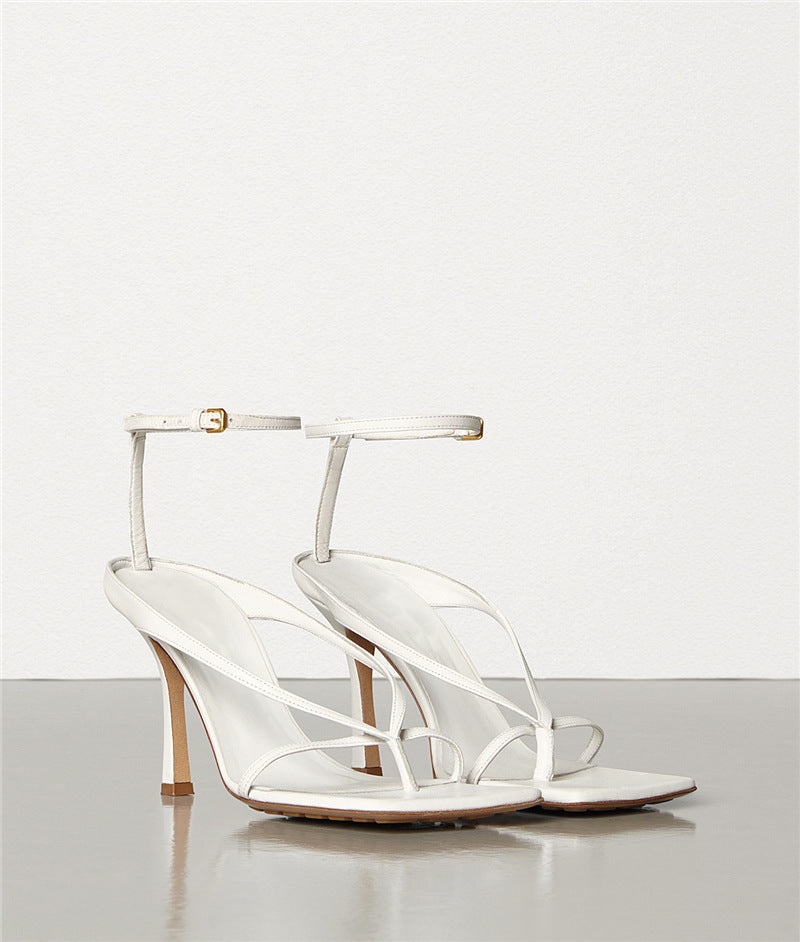 Square-toe Sheepskin Nude Color Stiletto Sandals