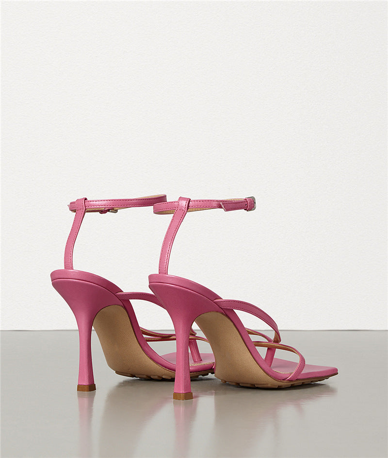 Square-toe Sheepskin Nude Color Stiletto Sandals