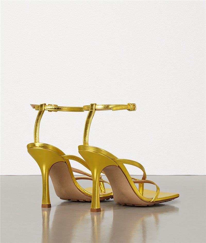 Square-toe Sheepskin Nude Color Stiletto Sandals