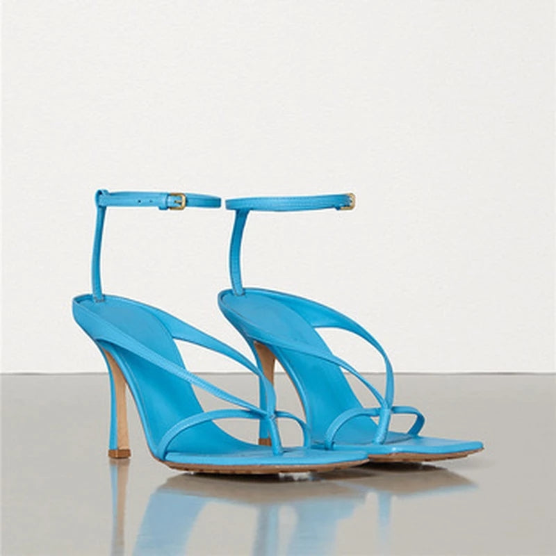 Square-toe Sheepskin Nude Color Stiletto Sandals