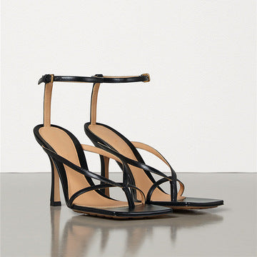 Square-toe Sheepskin Nude Color Stiletto Sandals