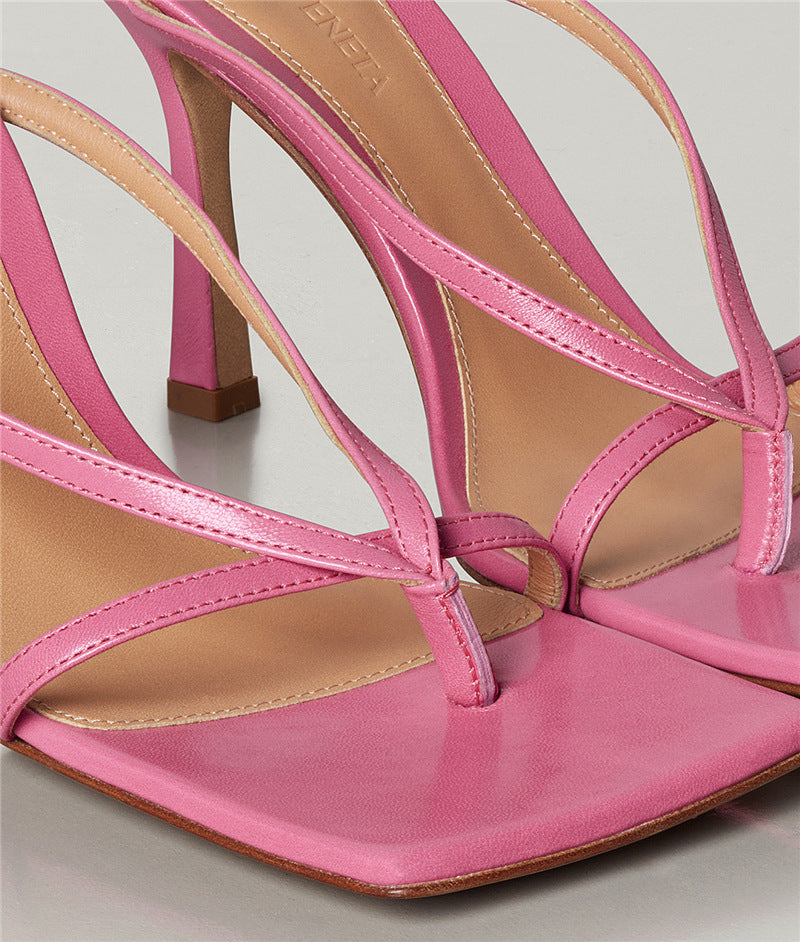 Square-toe Sheepskin Nude Color Stiletto Sandals