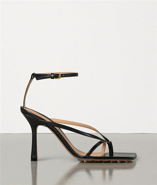 Square-toe Sheepskin Nude Color Stiletto Sandals