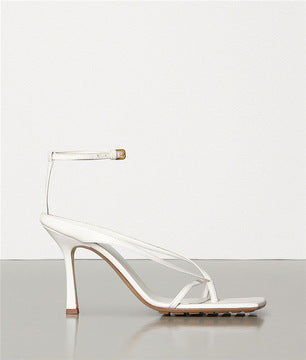 Square-toe Sheepskin Nude Color Stiletto Sandals