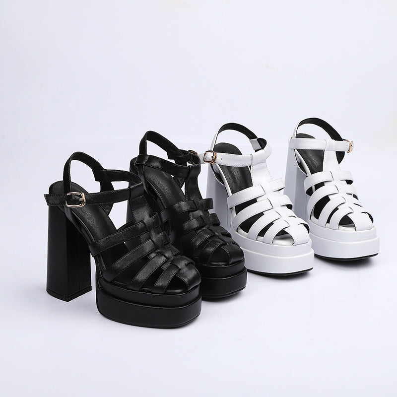 レザー厚底中空超ハイヒールサンダル