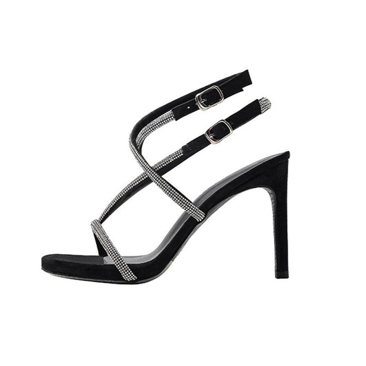 クロスチェーンアンクレットストラップ付きラインストーンスティレットサンダル