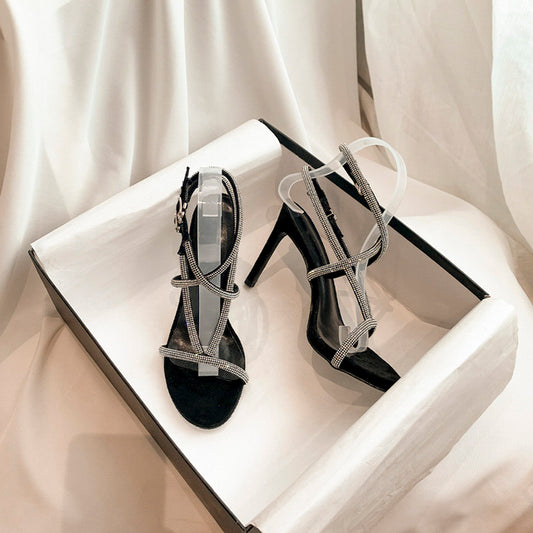 クロスチェーンアンクレットストラップ付きラインストーンスティレットサンダル