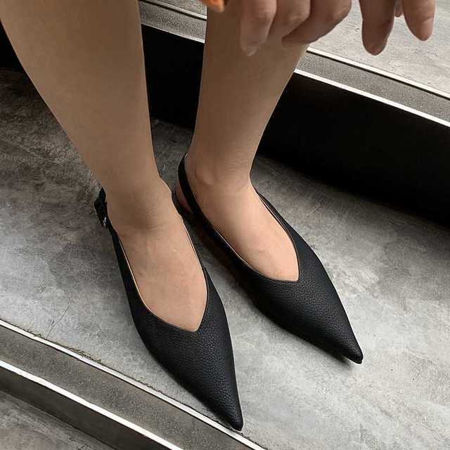 Genuine Leather Pointed Toe Low Heel Slingbacks Shoes Women