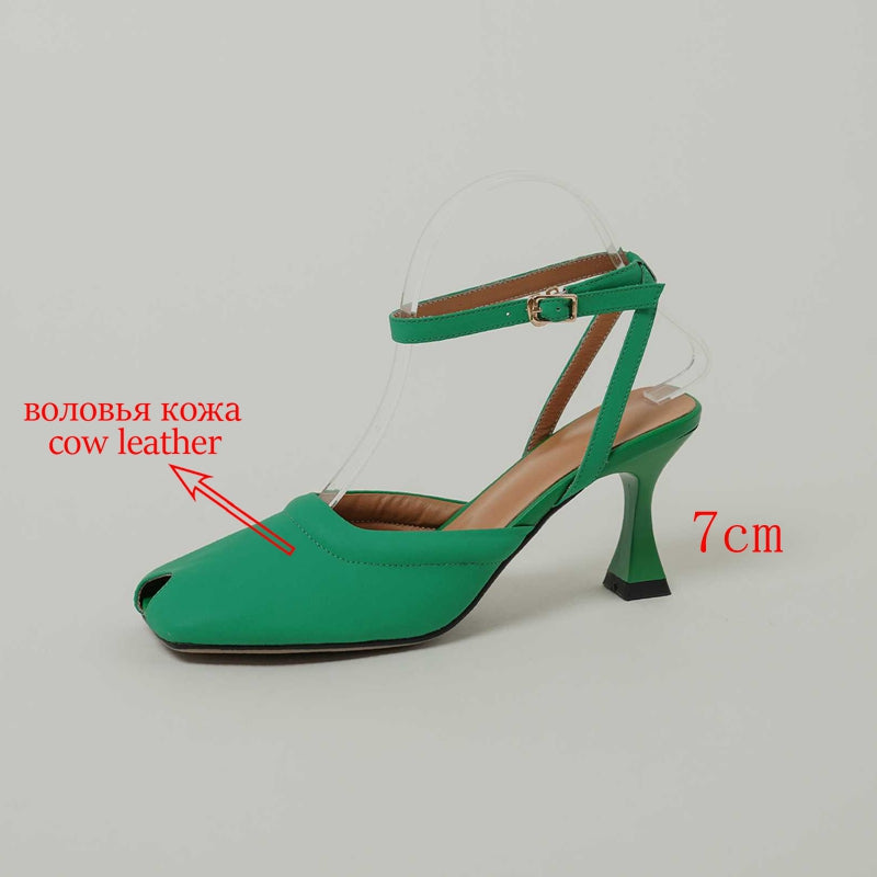 Genuine Leather Peep Toe High Heels Slingbacks Frenchelegant