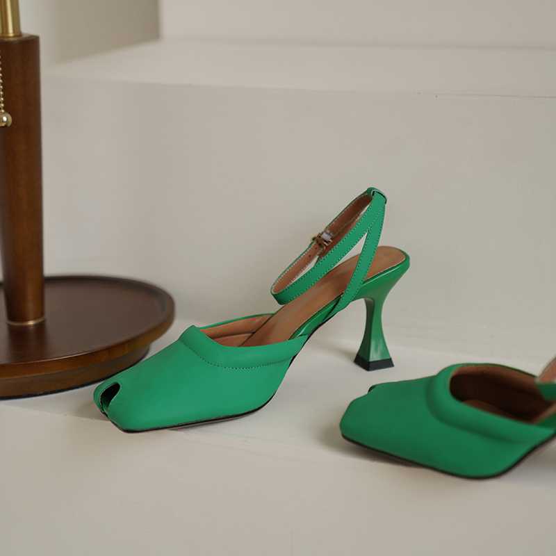 Genuine Leather Peep Toe High Heels Slingbacks Frenchelegant