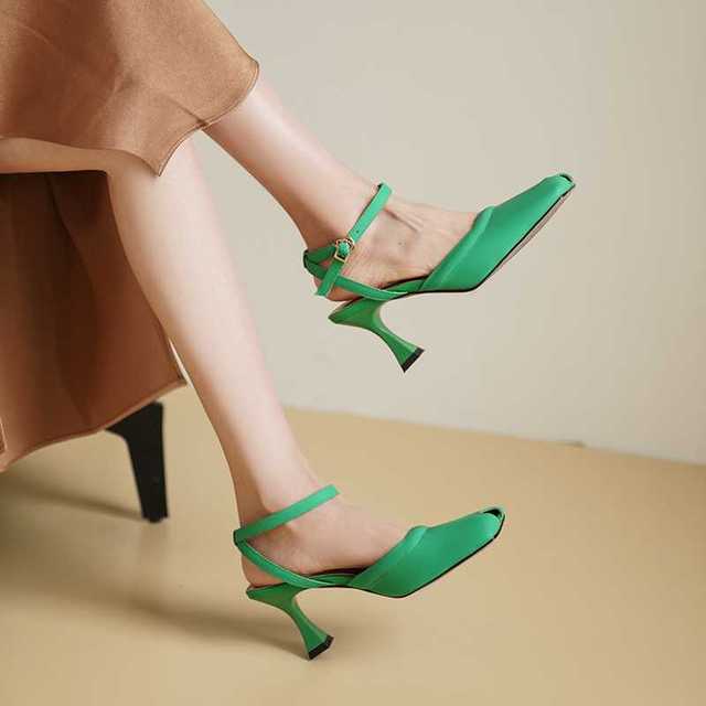 Genuine Leather Peep Toe High Heels Slingbacks Frenchelegant