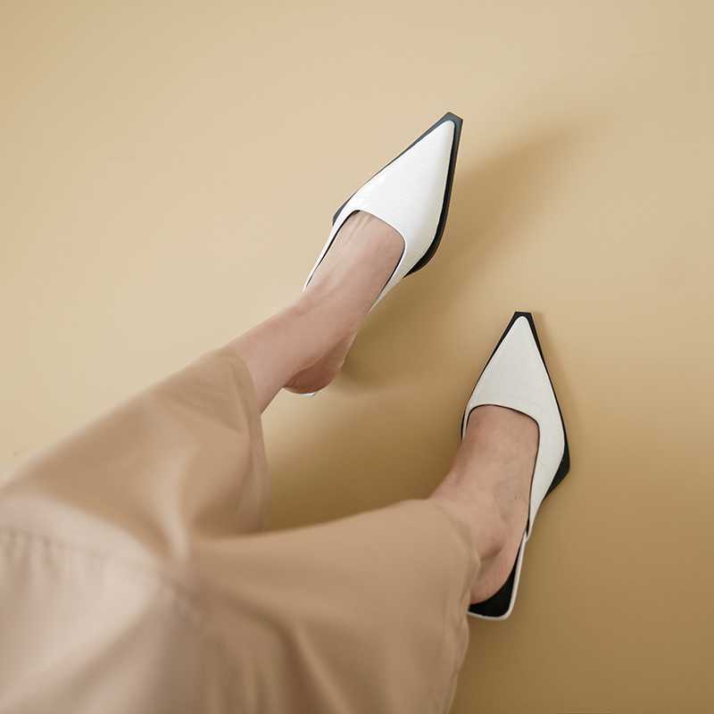 Genuine Leather Pointed Toe Thin Low Heels Mules Women Pumps
