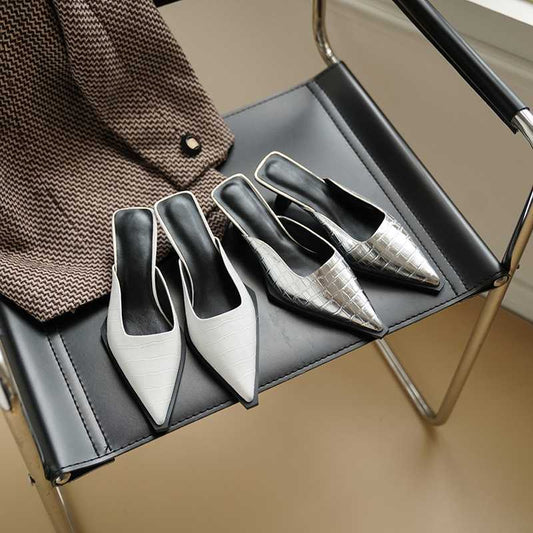 Genuine Leather Pointed Toe Thin Low Heels Mules Women Pumps