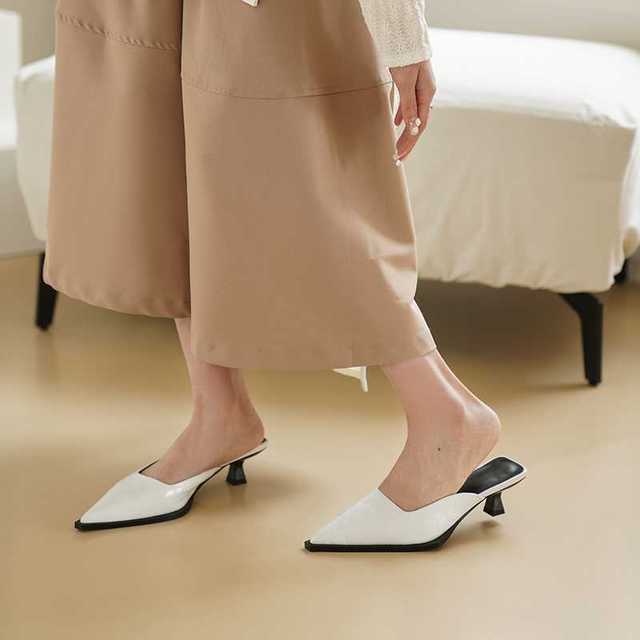 Genuine Leather Pointed Toe Thin Low Heels Mules Women Pumps