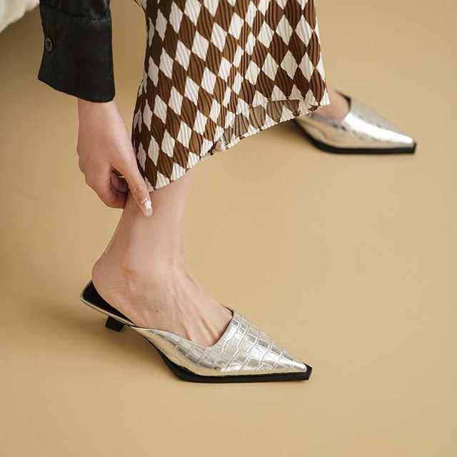 Genuine Leather Pointed Toe Thin Low Heels Mules Women Pumps