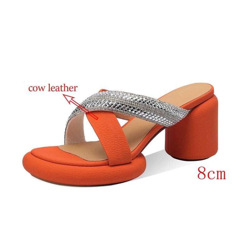 Genuine Leather High Heel Platform Mules Bling Women Sandals