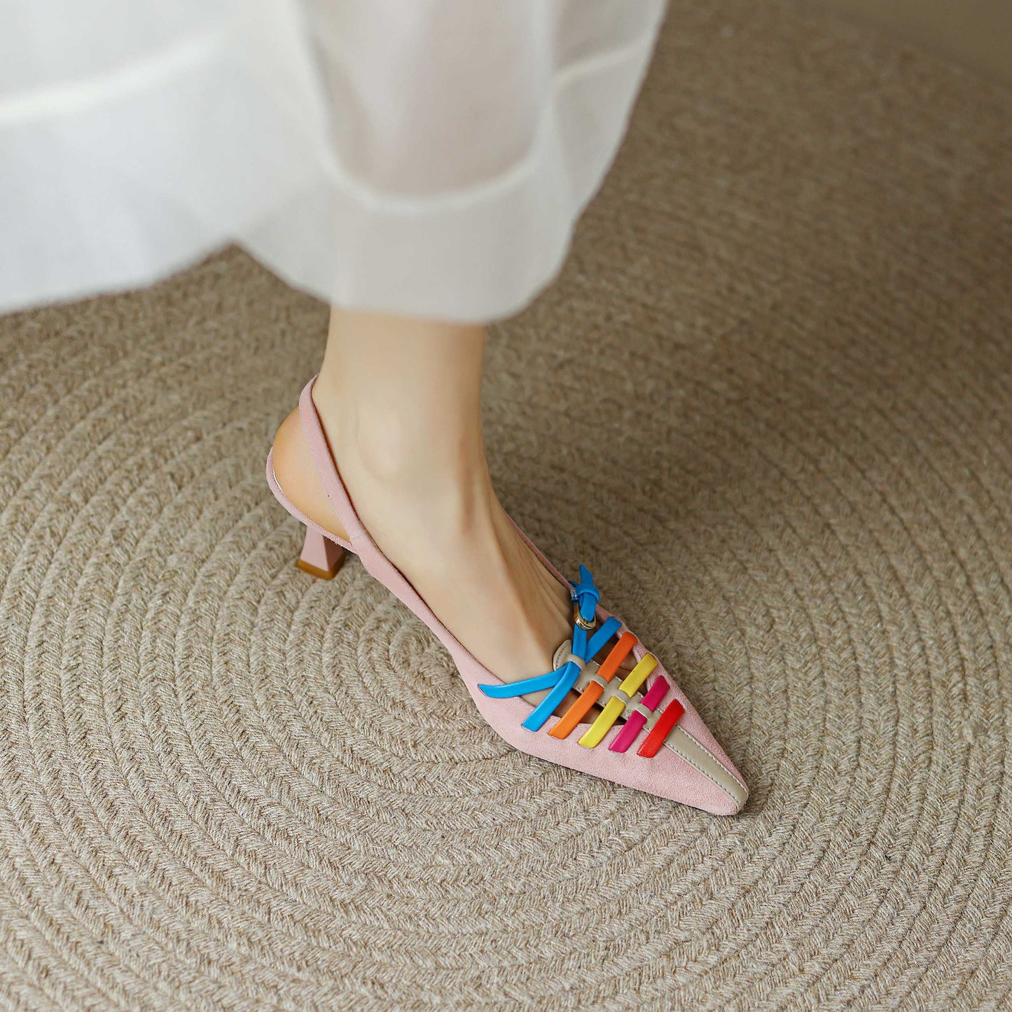 Kid Suede Small Square Toe Thin High Heels  Rainbow Color