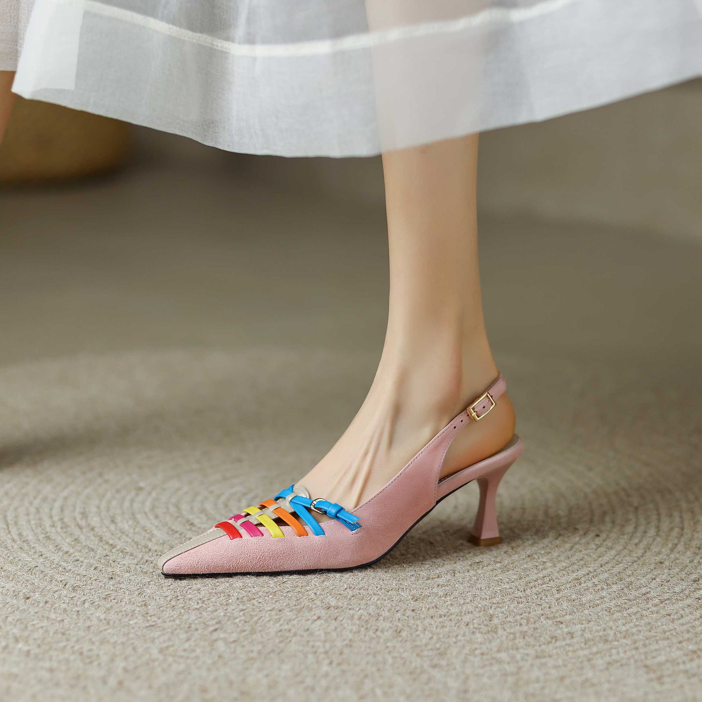 Kid Suede Small Square Toe Thin High Heels  Rainbow Color