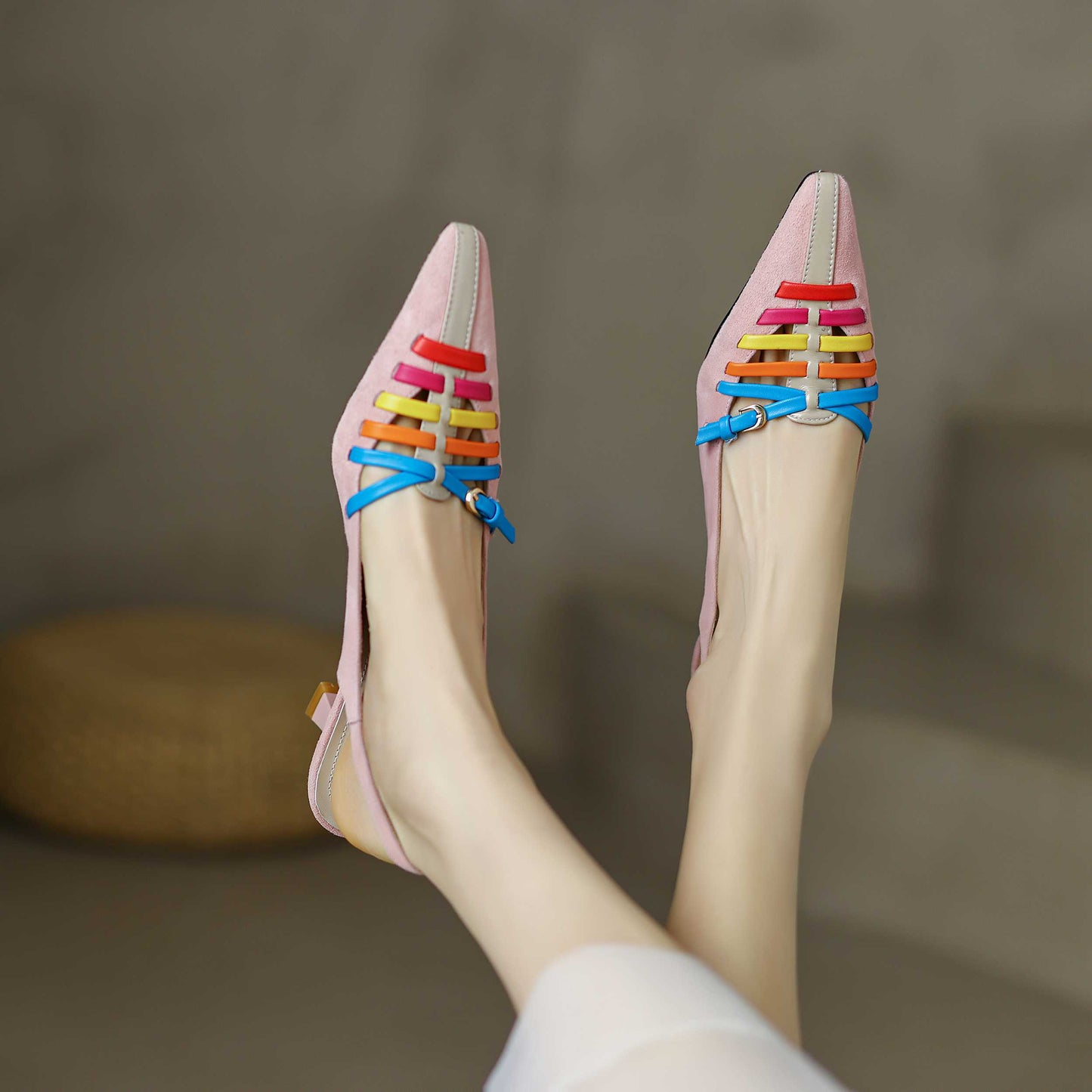Kid Suede Small Square Toe Thin High Heels  Rainbow Color