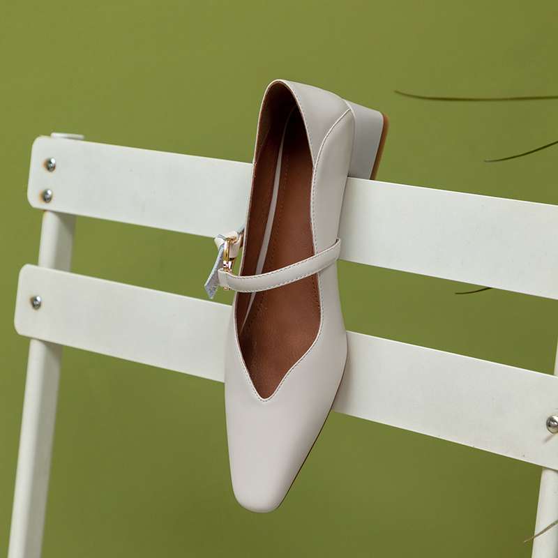 Genuine Leather Square Toe Med Heel Women Pumps