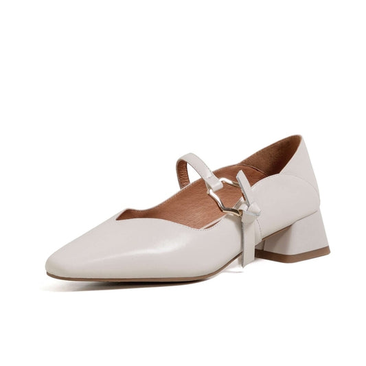 Genuine Leather Square Toe Med Heel Women Pumps