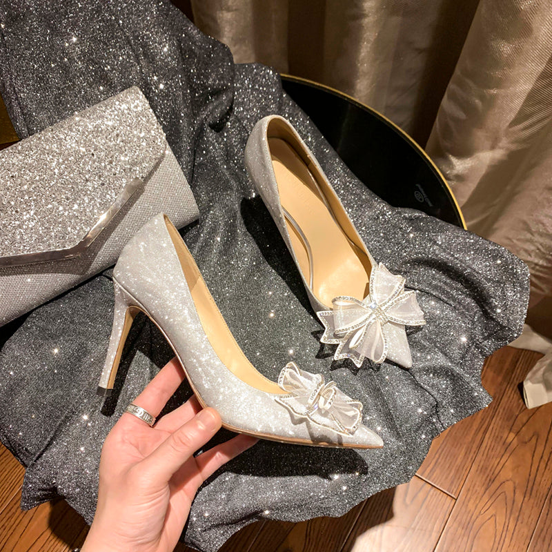 Silver Rhinestone Butterfly Wedding Shoes Pointed Toe