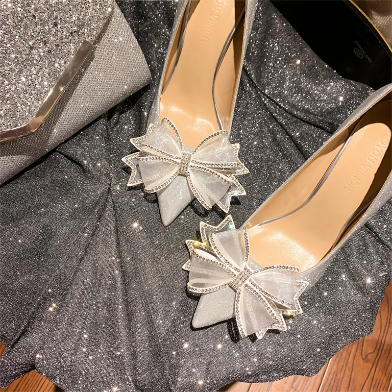 Silver Rhinestone Butterfly Wedding Shoes Pointed Toe