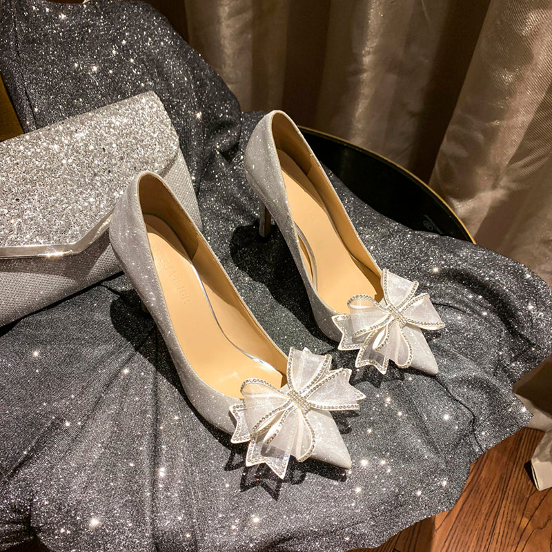 Silver Rhinestone Butterfly Wedding Shoes Pointed Toe