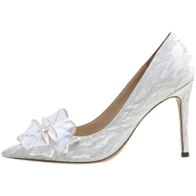 Silver Rhinestone Butterfly Wedding Shoes Pointed Toe