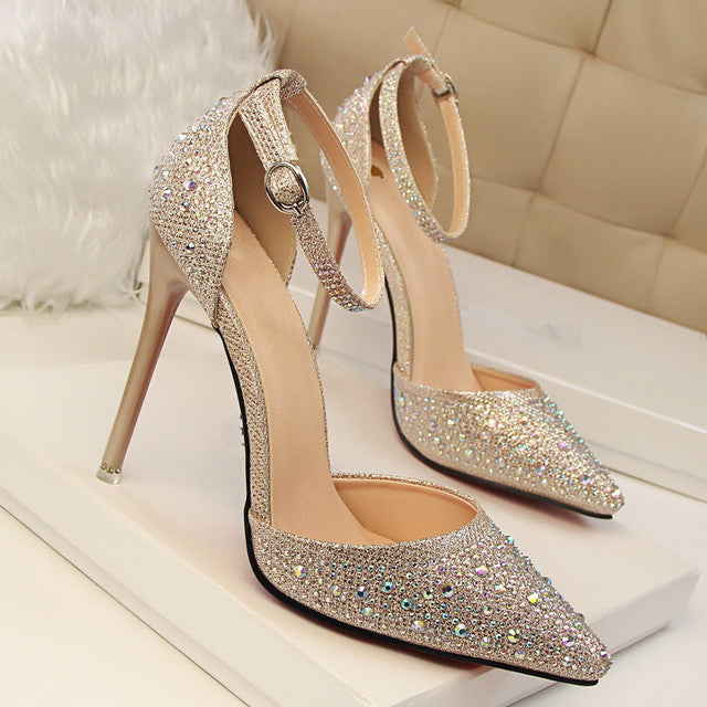 Women Pumps Sandals Rhinestone High-heeled Shallow Mouth