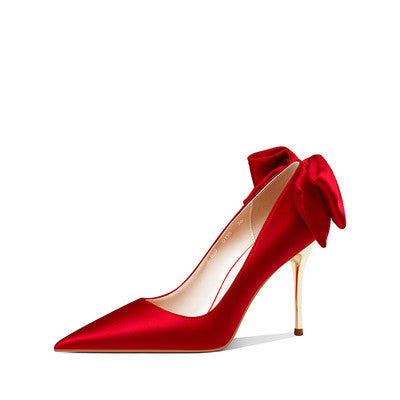 white satin stiletto high-heeled bow pointed bridal wedding shoes