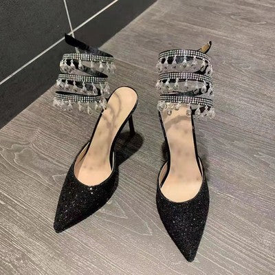 Bling Gradient Strap High Heels Slingback Snake Winding Crystal