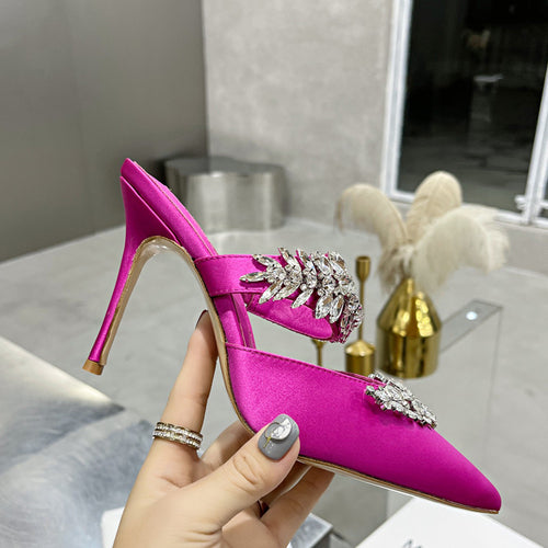 スティレットラインストーンシングルシューズサテンウェディングシューズスリッパ