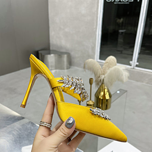 スティレットラインストーンシングルシューズサテンウェディングシューズスリッパ